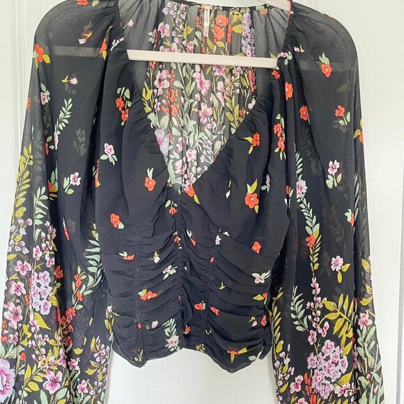 Free People Final Rose Deep V-Neck Long Sleeve Ruched Blouse - Picture 3 of 6